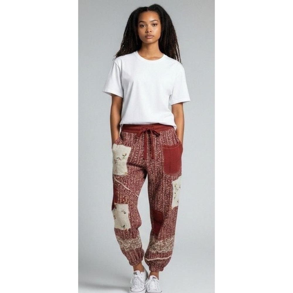 POL Clothing Jeanie Patchwork Floral Jogger Pants Raspberry Rose Small